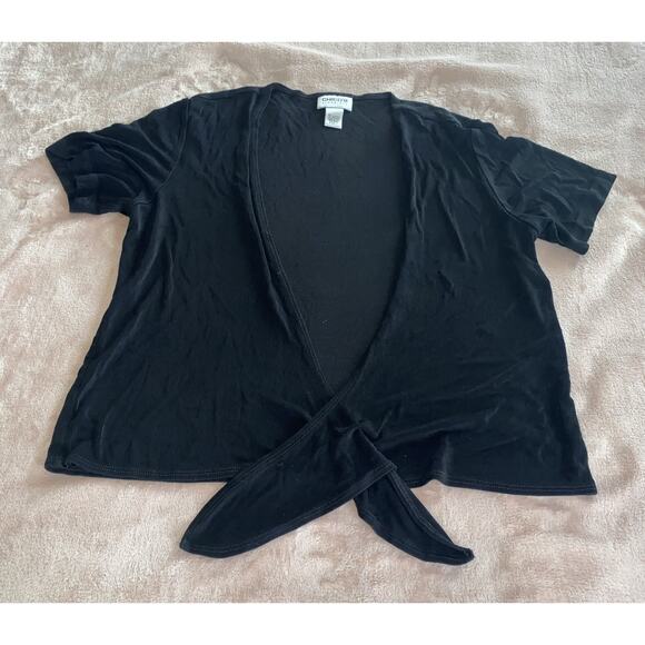 Chicos Travelers Black Open Front Open Short Sleeve Cardigan Size 1 Tie Front - Picture 1 of 5